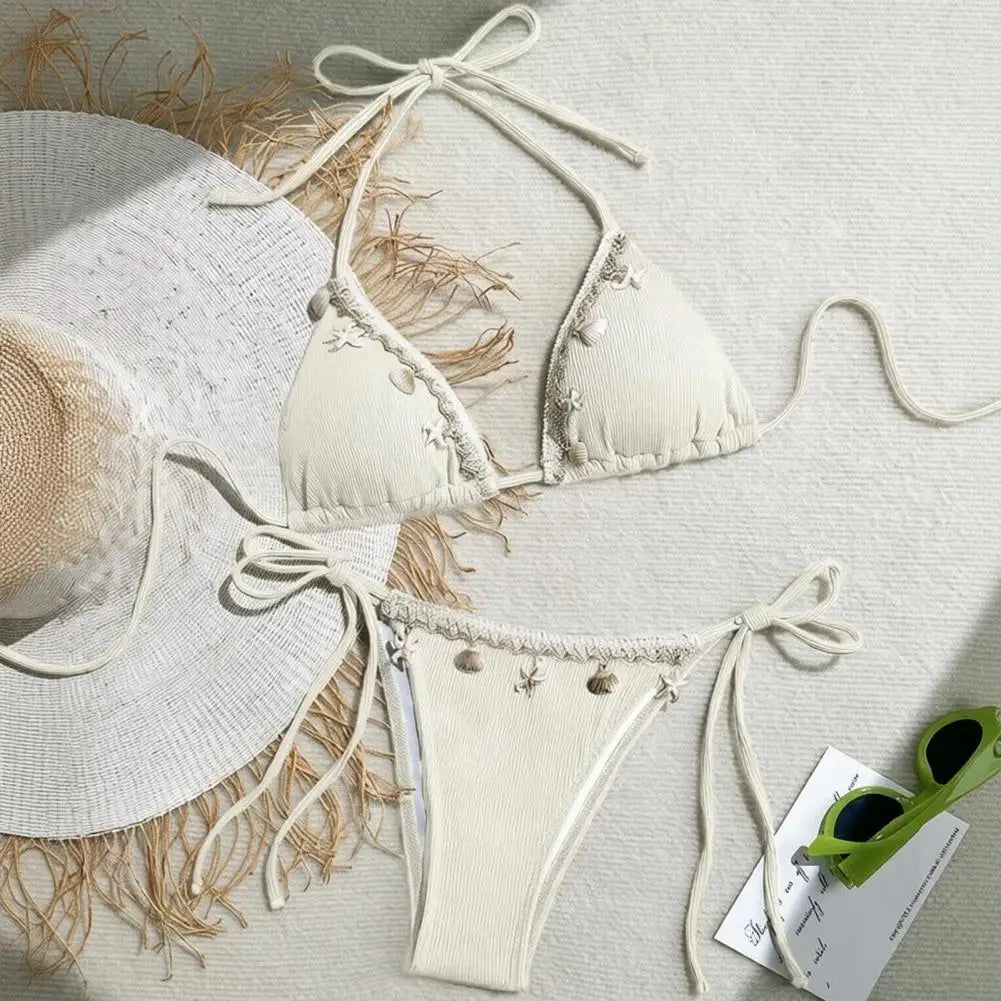 Lace-Up Halter Bikini Set for Women with Shell Decoration
