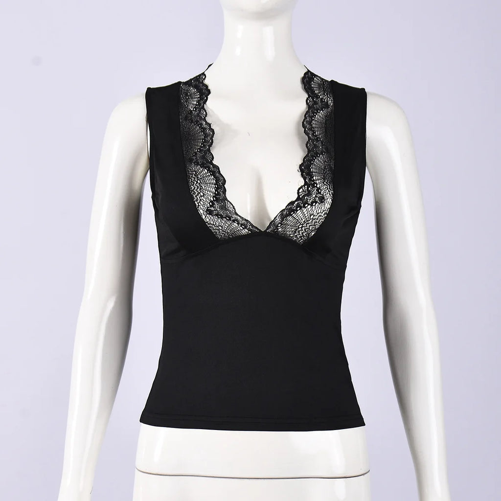 Sexy Lace V Neck Girdling Waist Tank Top Women Sleeveless Bare Midriff Halter Crop Tops Camisole Female Tube Top Cropped Vest