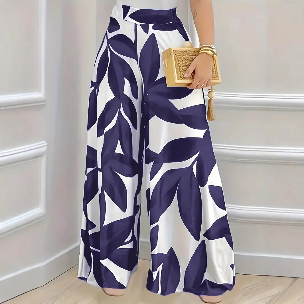 Elegant Boho Wide-Leg Trousers for Women in Blue Leaf Print