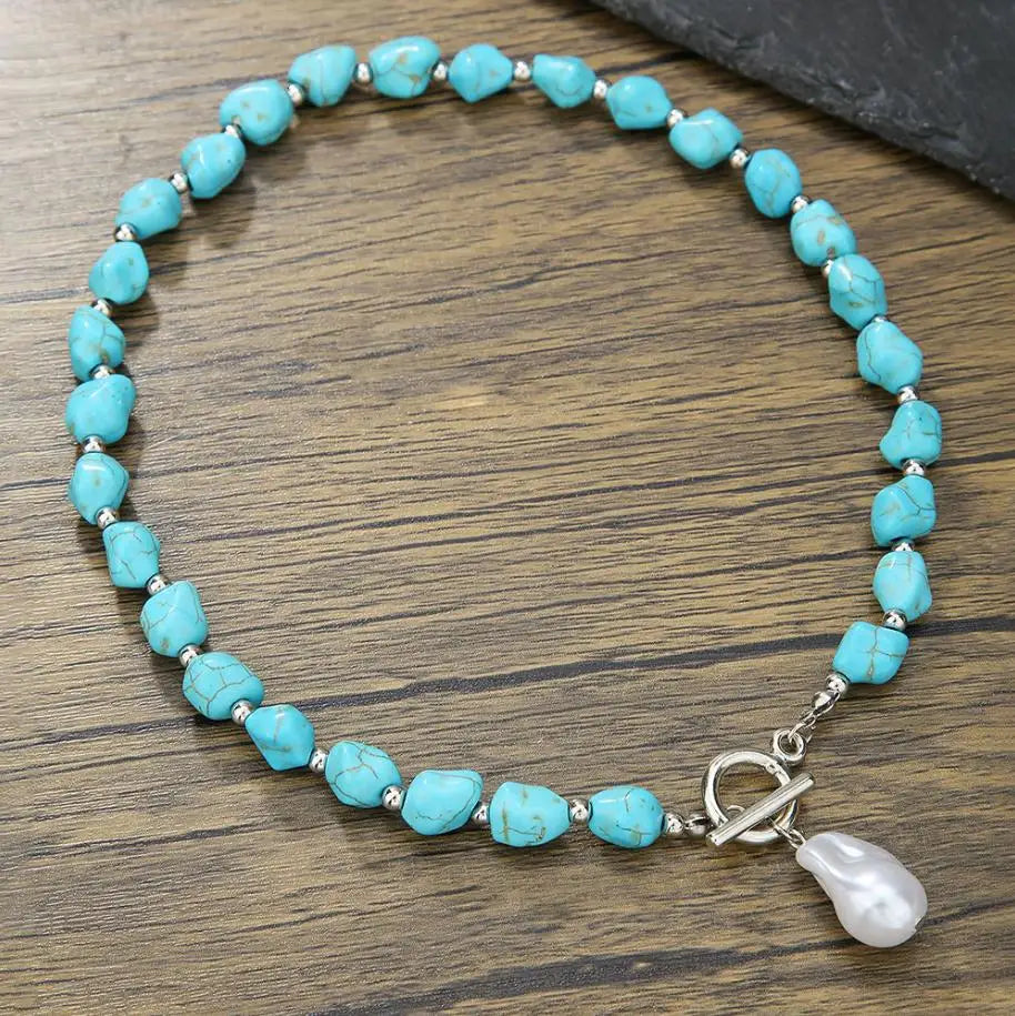 Elegant Turquoise Beaded Necklace for Women with Teardrop Pendant