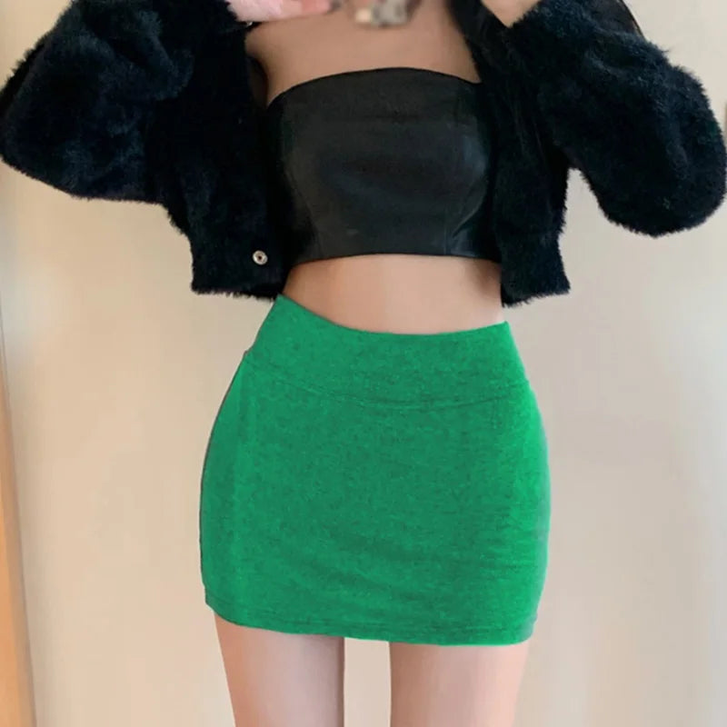 Korean Solid Color High Waist Elastic Skirt for Women