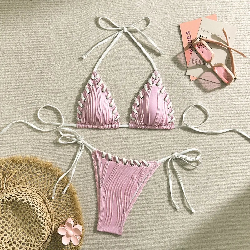 UOSU Women's Low Waist Solid Polyester Bikini Set