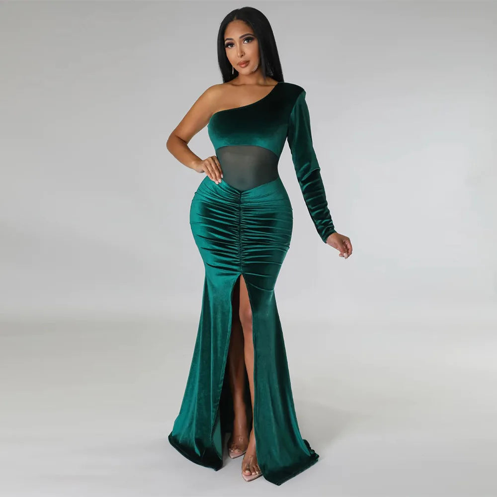 Floor-Length Evening Dress with Diagonal Collar by STEFION