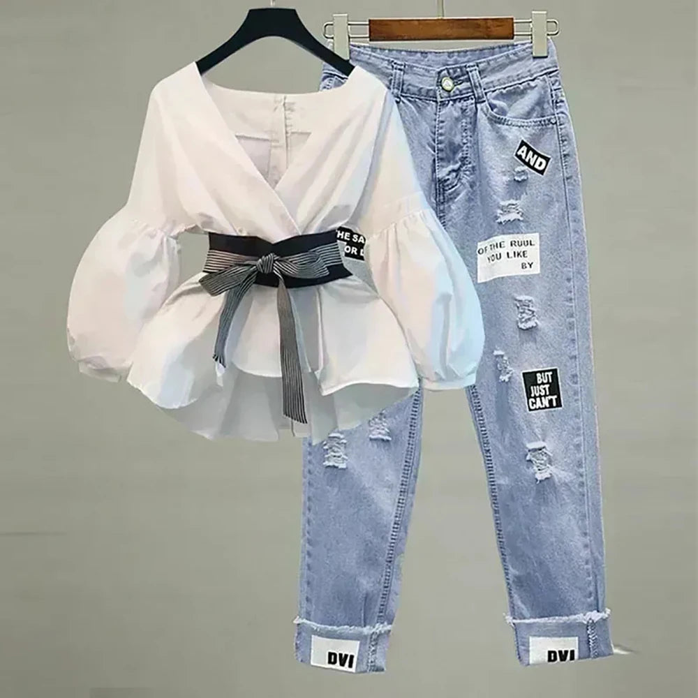 Elegant Women V-Neck Chiffon Shirt and Ripped Jeans Set