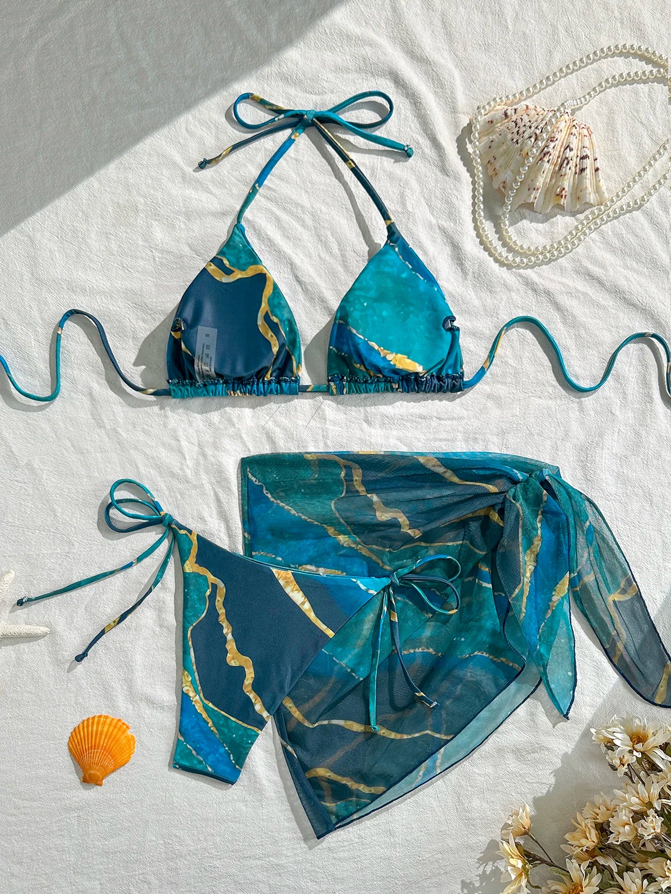 Blue Marble Print Women's Three-Piece Swimsuit Set