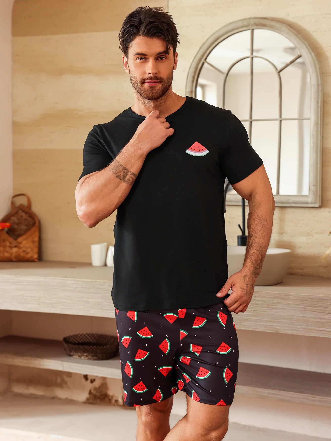 Men's Pajamas Loungewear Set New Loose Two-Piece Set Boys Fashion Solid Color Short Sleeve Shorts Pajama Pants Pijama Hombre