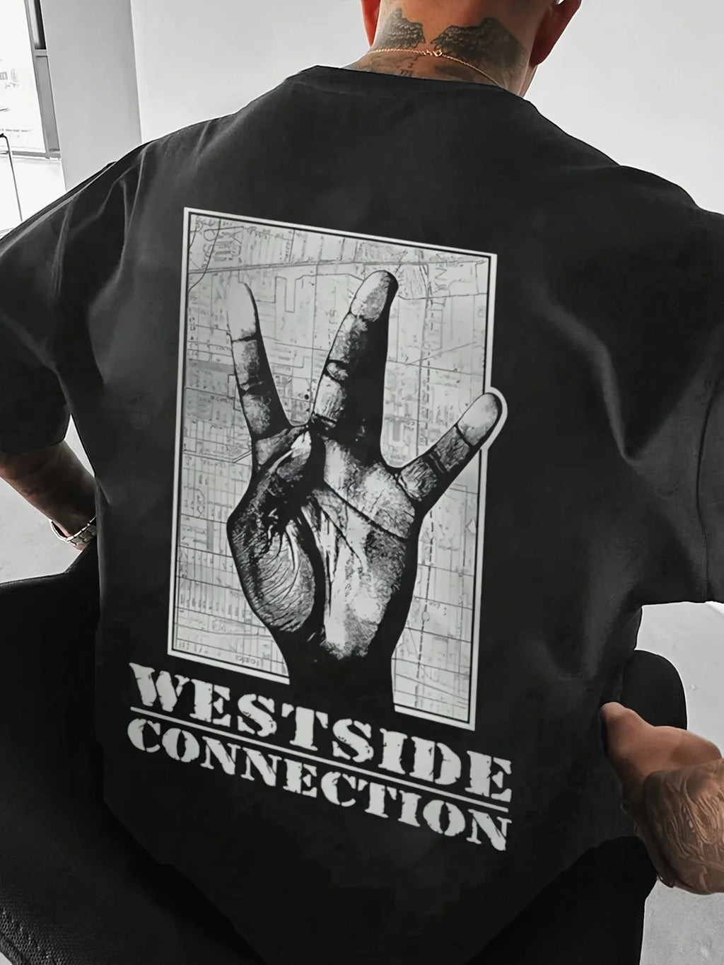 Men's Rap-Style Hip-Hop Patterned Printed T-Shirt Cotton Short-Sleeved Round-Neck Black Loose-Fitting Fashionable Summer Top