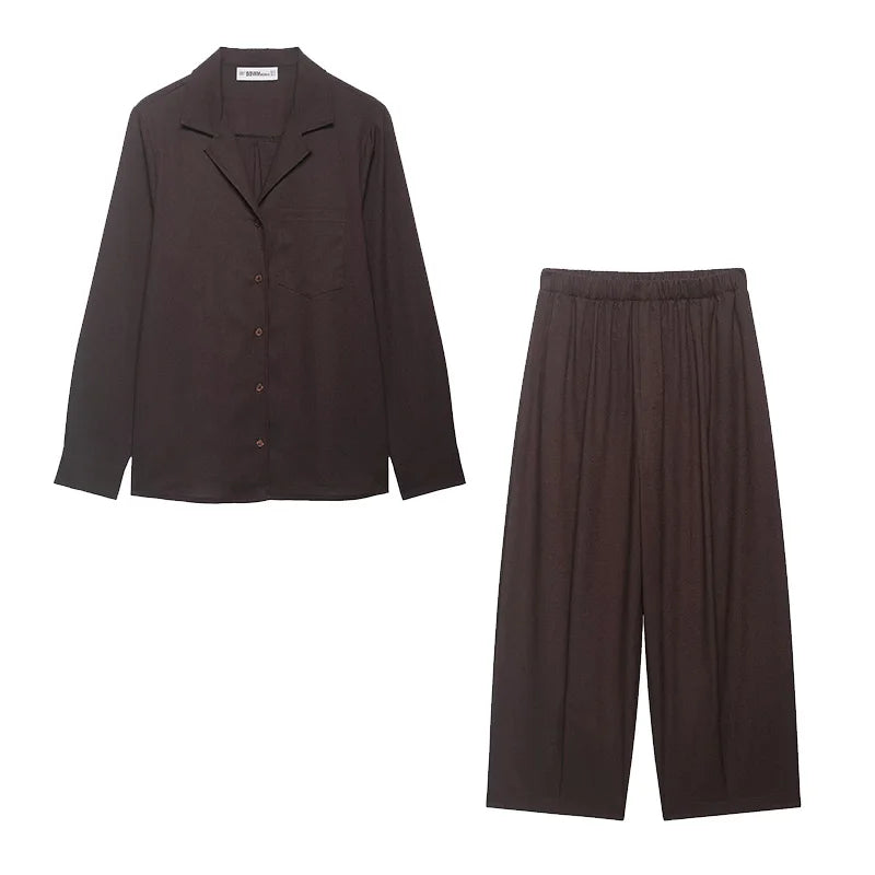 Chic Women's Mid Waist Pants Set with Lapel Collar