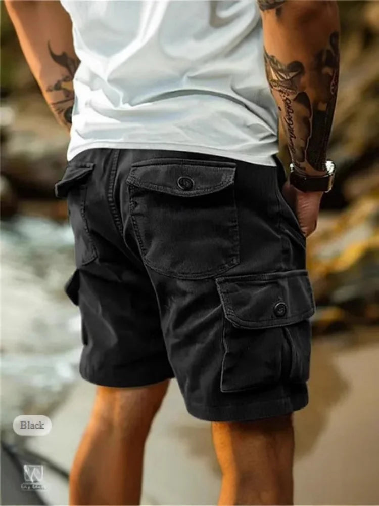 Men's Workwear Shorts Summer Casual Corduroy Loose Elastic Waist Multi-Pocket Leisure Pants Embroidery Retro Style Male Trousers