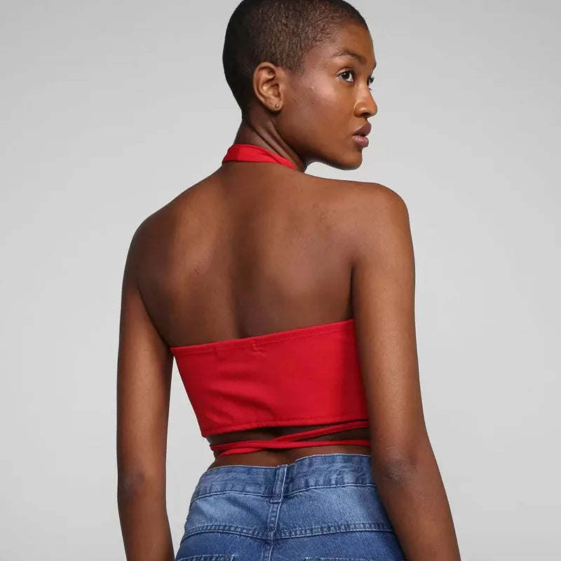 Women Summer Crop Tops Sexy Solid Color Cross Halter Neck Push Up Hollow Backless Tank High Street Wear Vest Fashion Lace Up Top