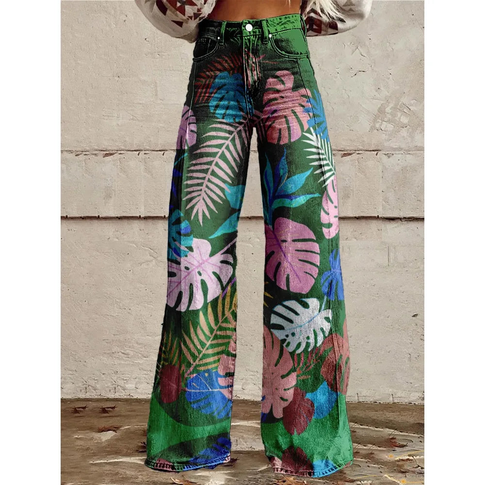 Colorful Tropical Leaf Print Wide Leg Pants for Women