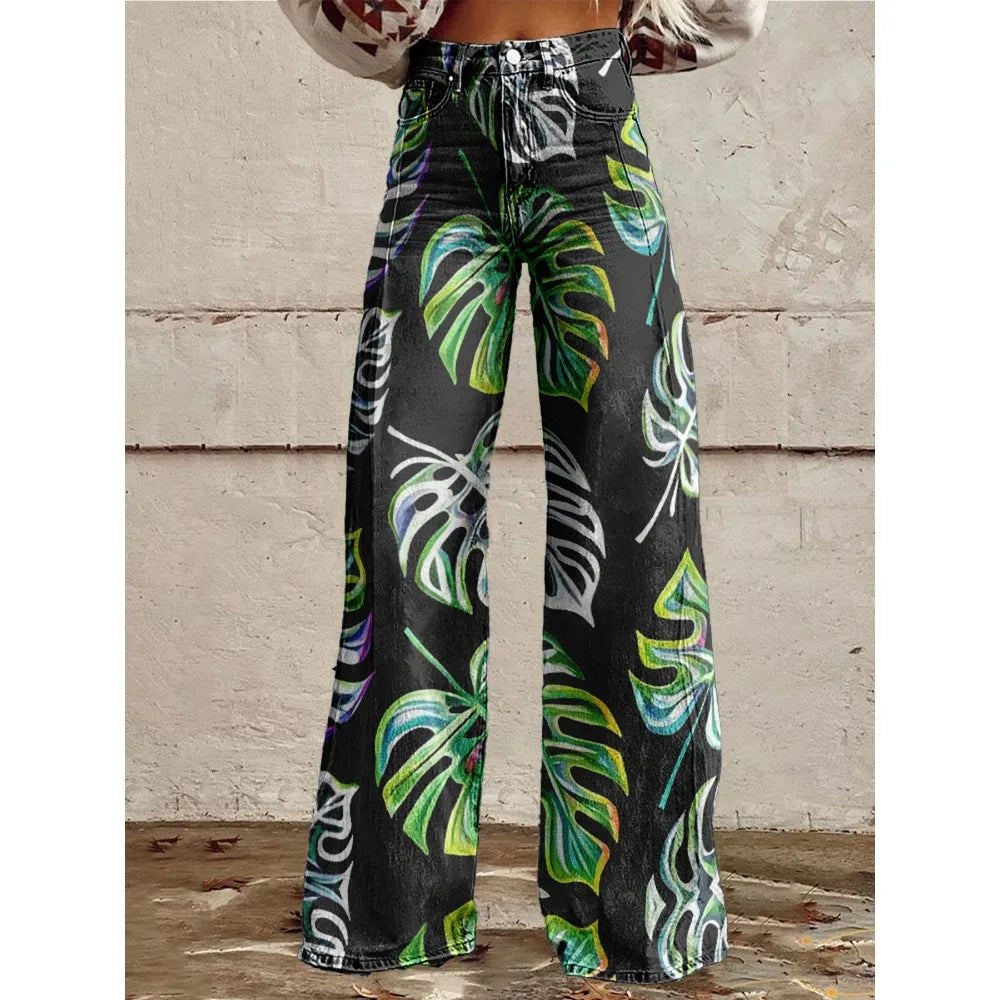 Colorful Tropical Leaf Print Wide Leg Pants for Women