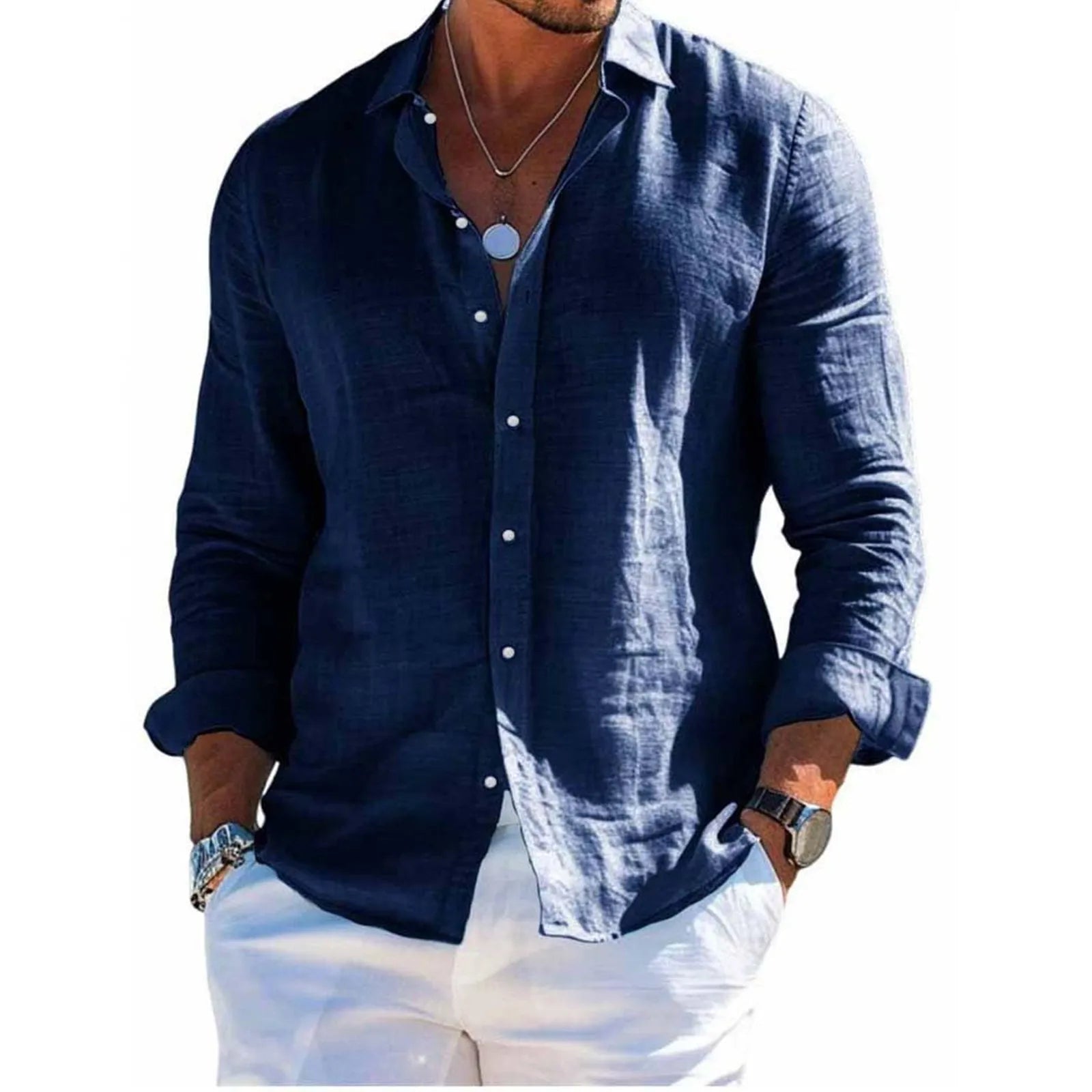 Men's Casual Long Sleeve Polyester Shirt for Spring and Summer
