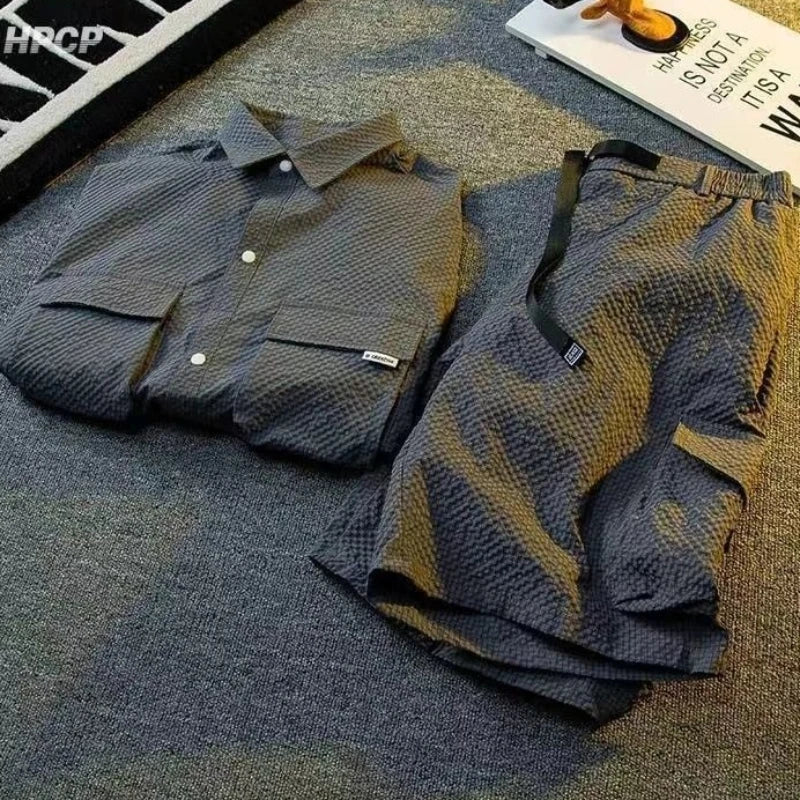 Plain Man Sets Black Shirts Shorts Suits for Men Cool Outdoor 2025 Trend Luxury Essential Basic Kpop Baggy Two-piece Set Korean
