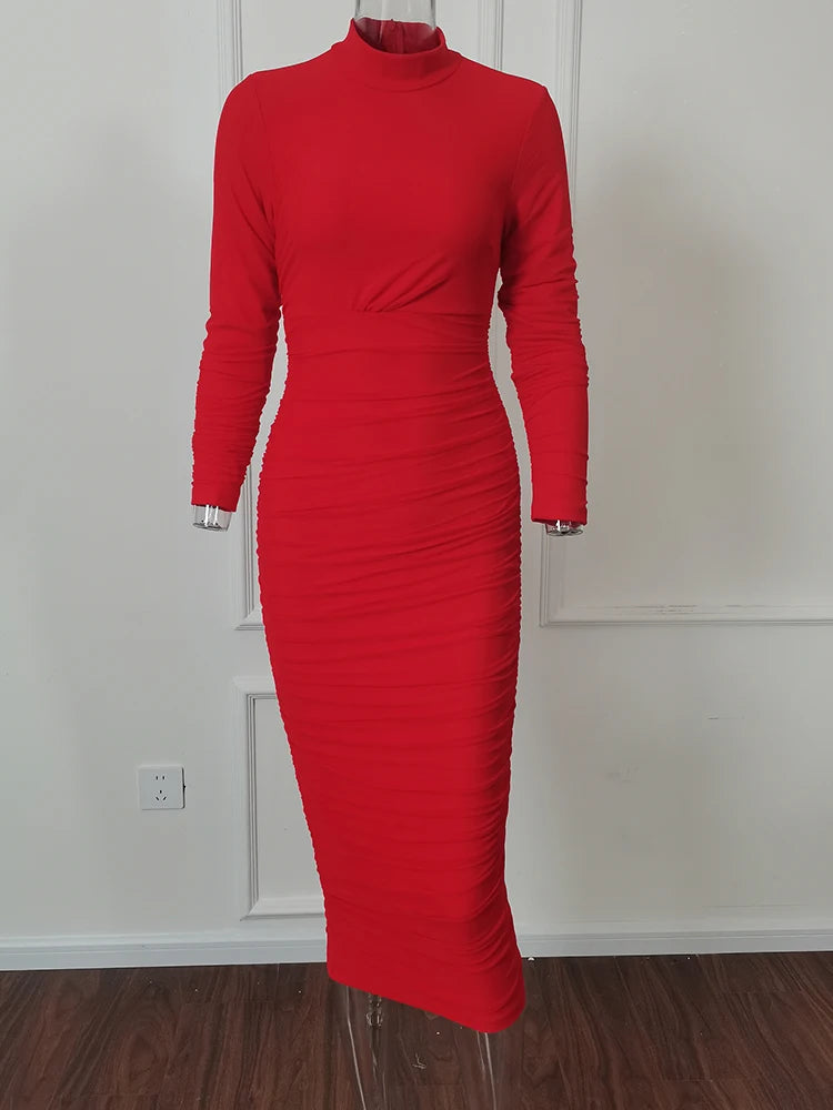 Elegant Long Sleeve Bodycon Dress for Women in Solid Color