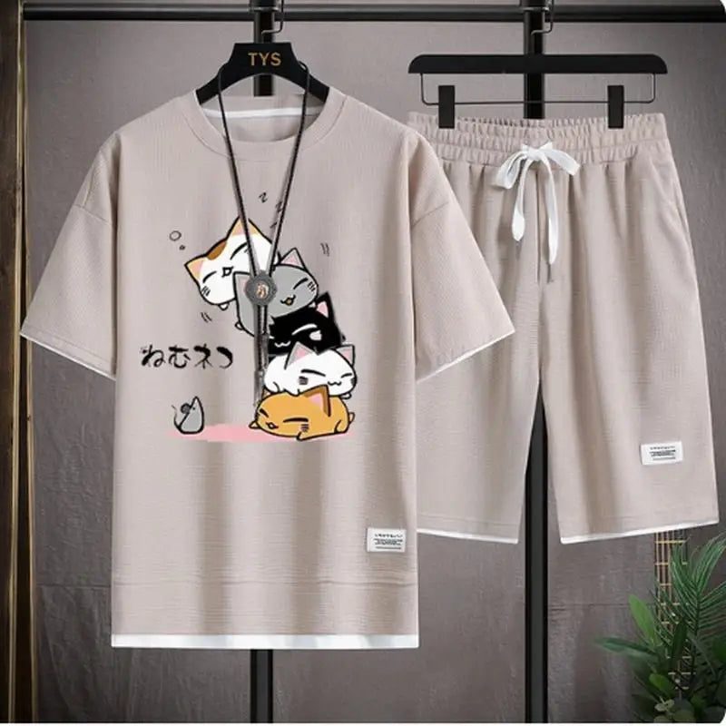 Men's Summer Waffle Set Brand Fashion Casual T-shirt+Shorts Set Men's Sports Set Loose ComfortableSlo Two-piece Set