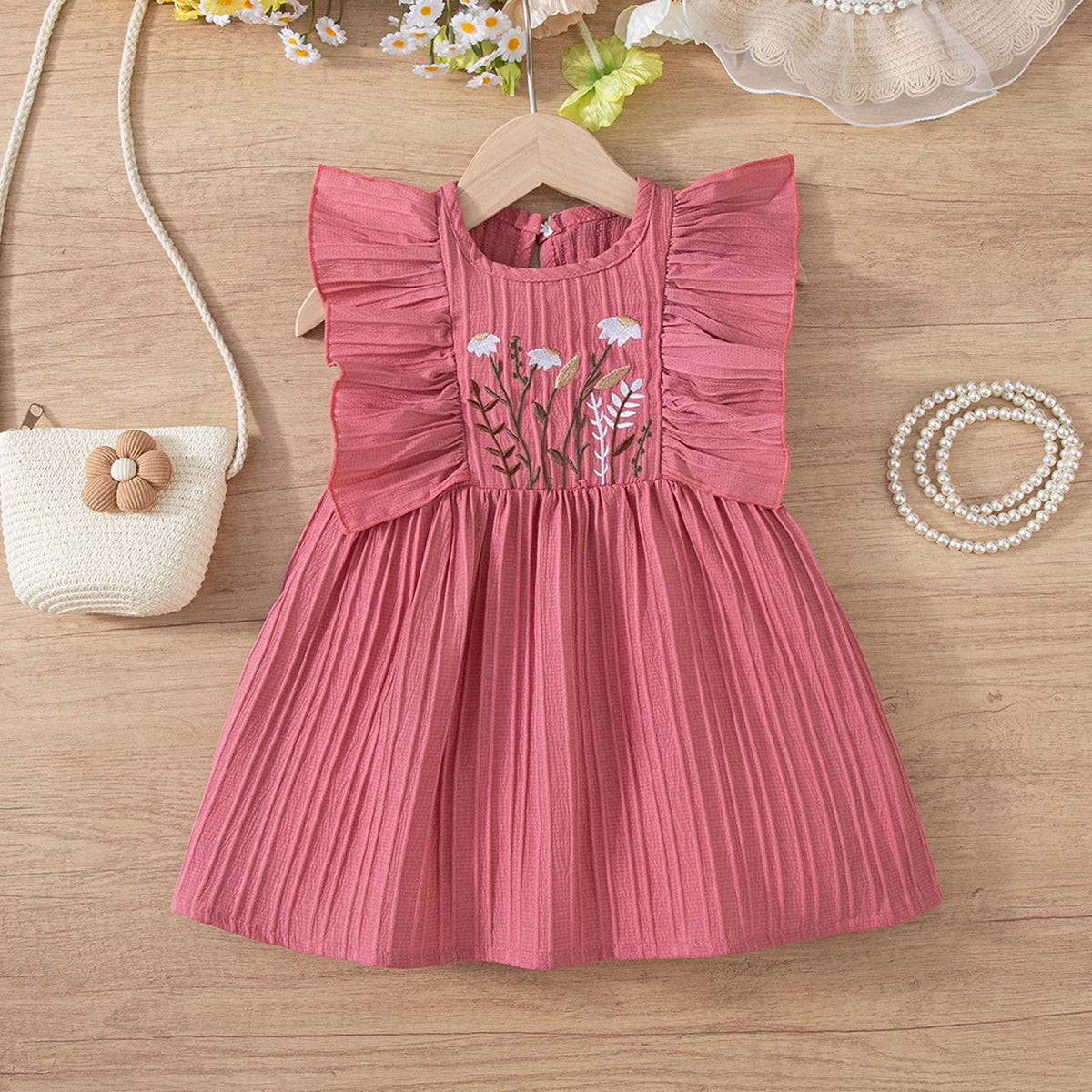 Girls' Floral Print Summer Dress with Ruffle Sleeves