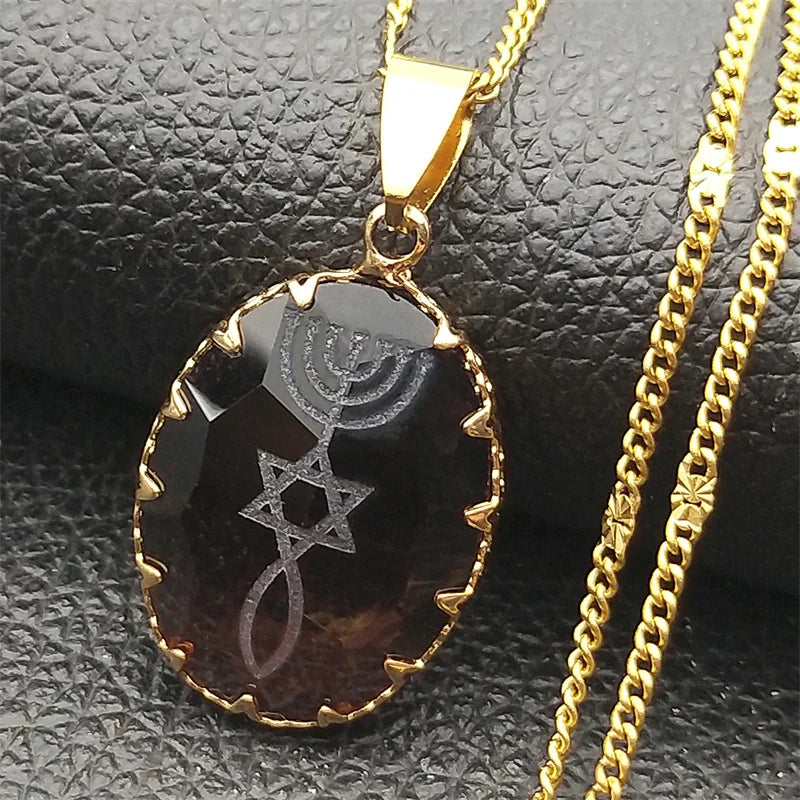 Gold Glass Menorah Star David Necklace for Unisex Fashion