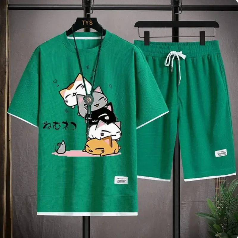 Men's Summer Waffle Set Brand Fashion Casual T-shirt+Shorts Set Men's Sports Set Loose ComfortableSlo Two-piece Set