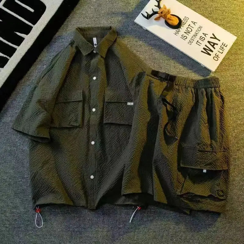Plain Man Sets Black Shirts Shorts Suits for Men Cool Outdoor 2025 Trend Luxury Essential Basic Kpop Baggy Two-piece Set Korean