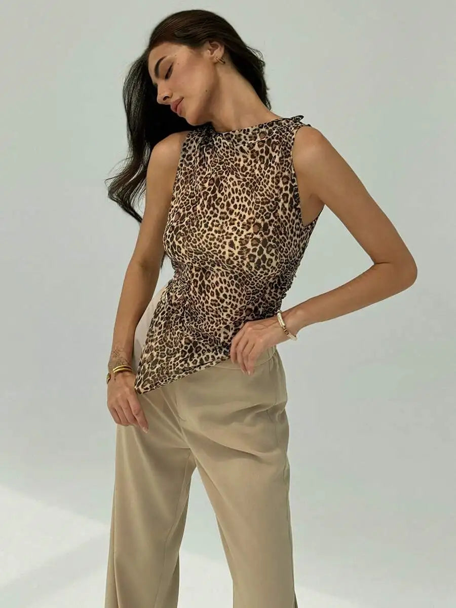 Women's Sexy Leopard Print High Neck Sleeveless Ruched Fitted Tank Top Trendy Casual Top