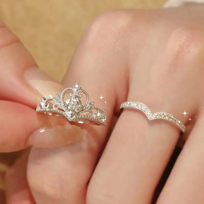 Fairy Sparkling Crown Rings Set for Women in Silvery Glass