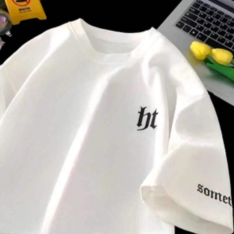 Mature Minimalist Style Gothic Printed Round Neck Short Sleeved Top Versatile T-shirt For Men In Summer
