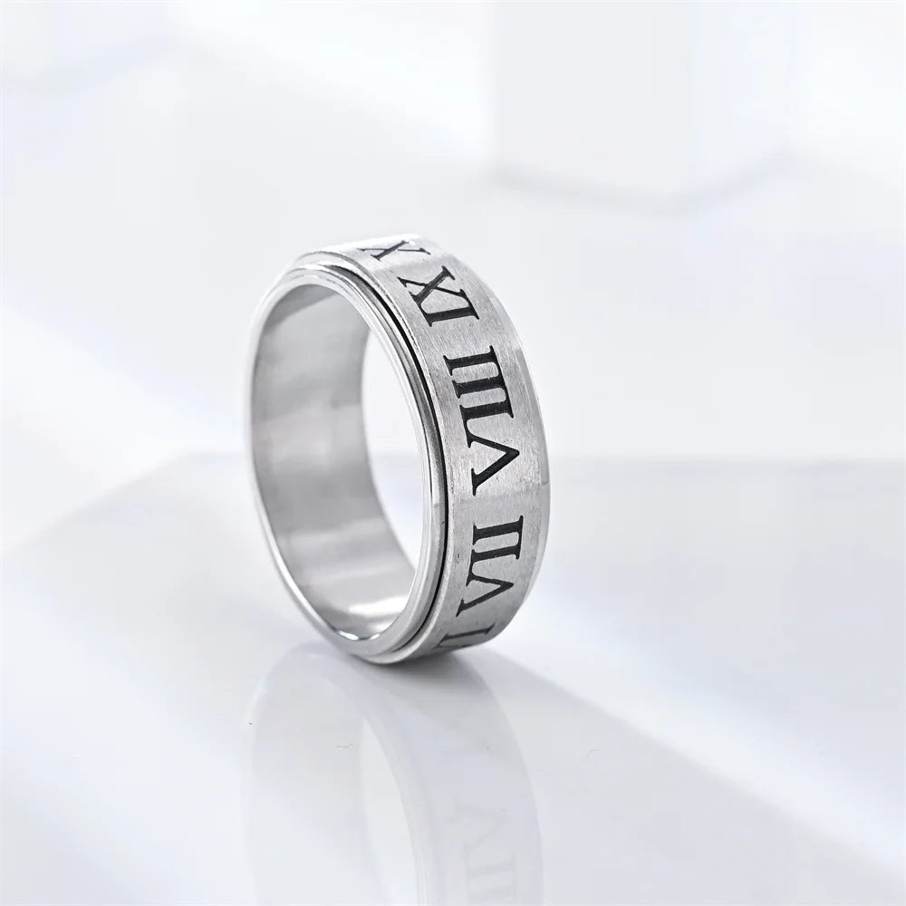 Fashionable men's rotating ring with niche design, stress relieving and anti anxiety casting, Roman numeral rotatable ring
