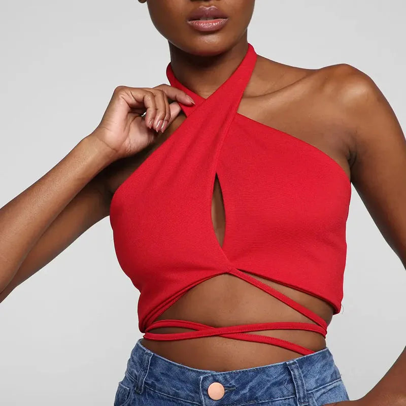 Women Summer Crop Tops Sexy Solid Color Cross Halter Neck Push Up Hollow Backless Tank High Street Wear Vest Fashion Lace Up Top