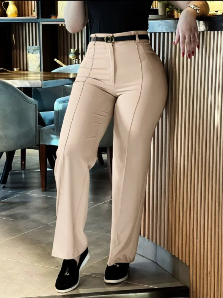Elegant High Waist Straight Leg Women's Work Pants Polyester