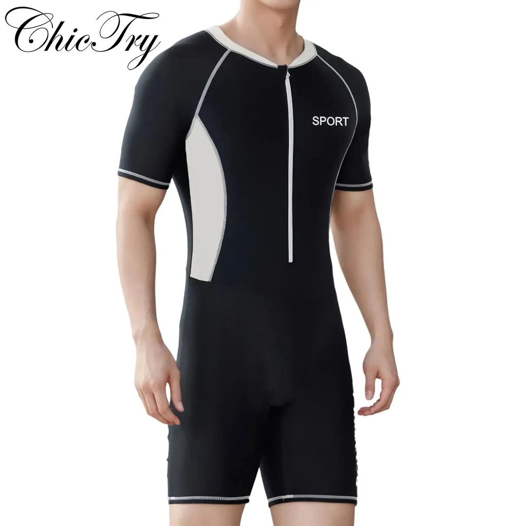 Mens One-Piece Swim Leotard with Front Zipper for Beachwear