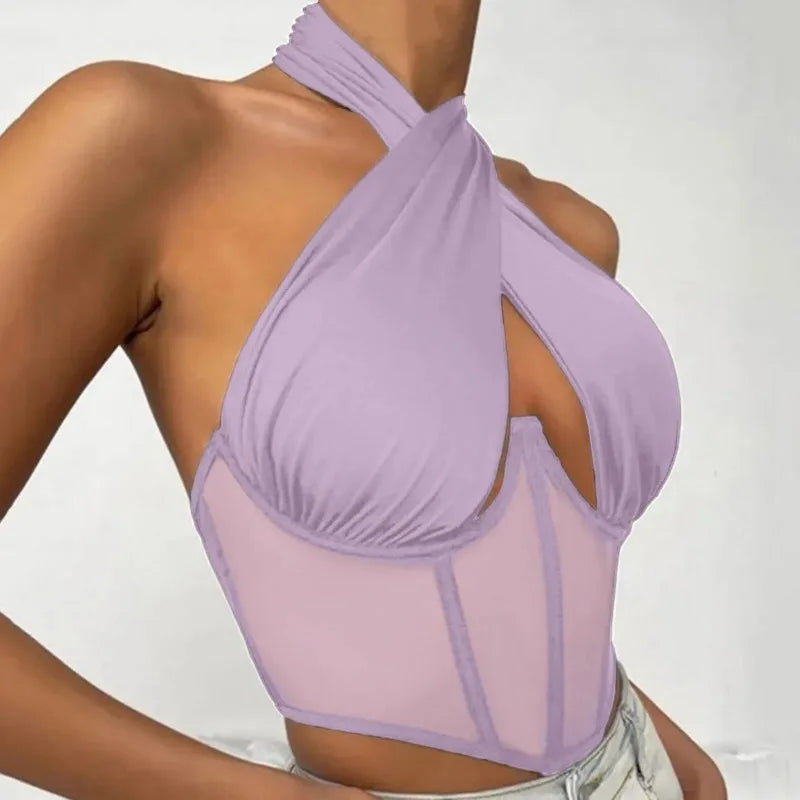 Sexy Cotton Stretch Tops For Women Cross Halter Sleeveless Blouses Fashion Sleeveless Hollow Out Top Irregular Neckline Tank Top