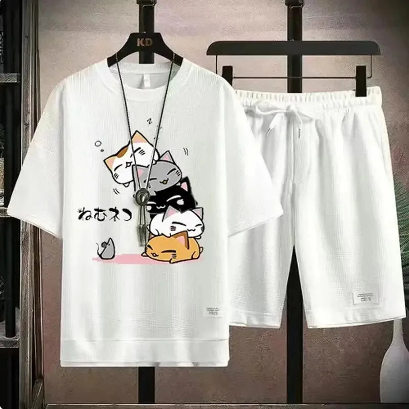 Men's Summer Waffle Set Brand Fashion Casual T-shirt+Shorts Set Men's Sports Set Loose ComfortableSlo Two-piece Set