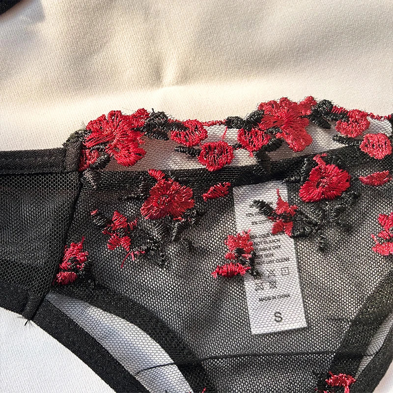Transparent Embroidered Floral Bra and Panties Set for Women