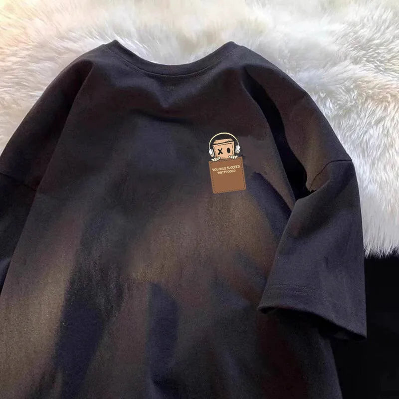 American Style Vintage Fashion Simple Design Print Cotton Men T Shirt Oversized Sports Short Sleeve Round Neck Couple Unisex Top