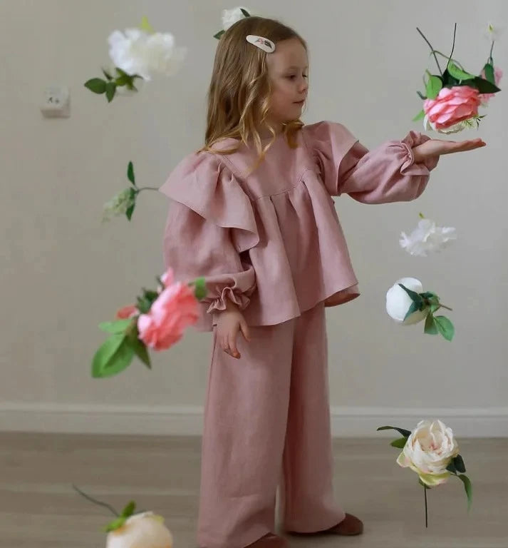 Girls Linen Ruffle Blouse and Nine Leg Pants Set