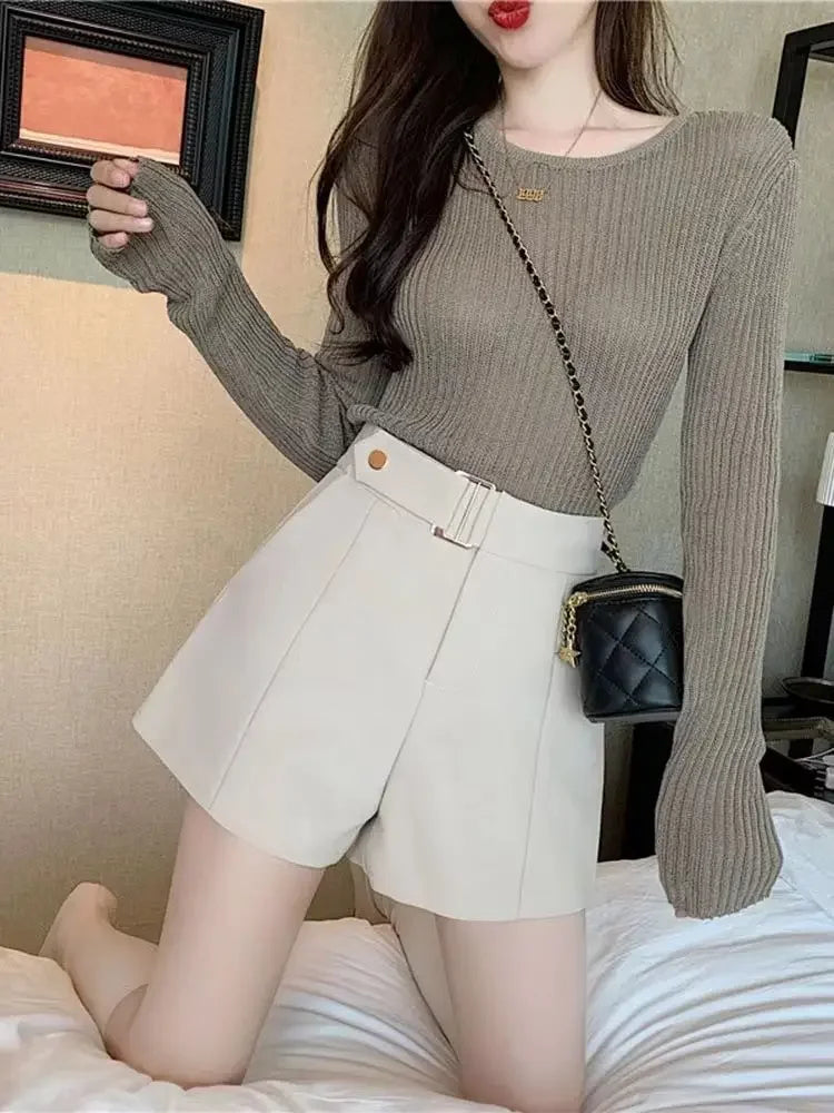 Goghvinci Elegant High Waist Women Shorts in Apricot and Khaki
