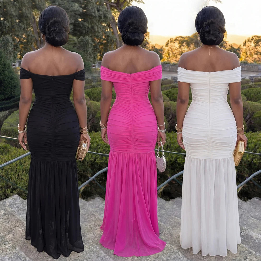 Elegant Off Shoulder Ruched Maxi Dress for Evening Events