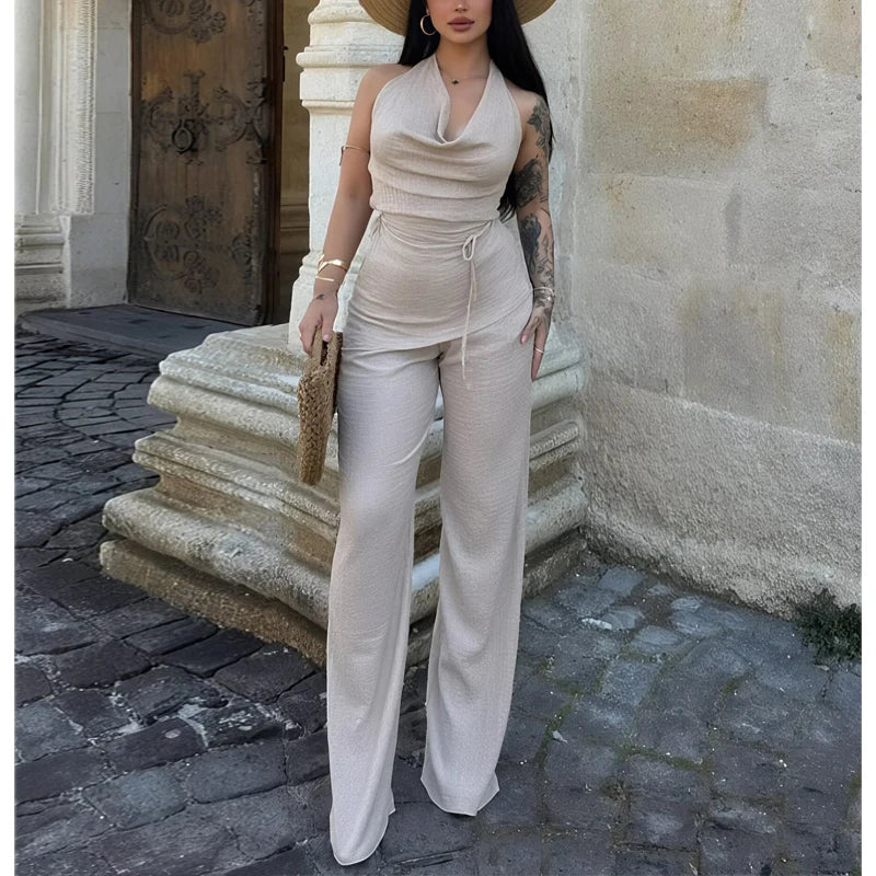 MUJER 2025 Textured Halter Backless Top and High Waist Pants