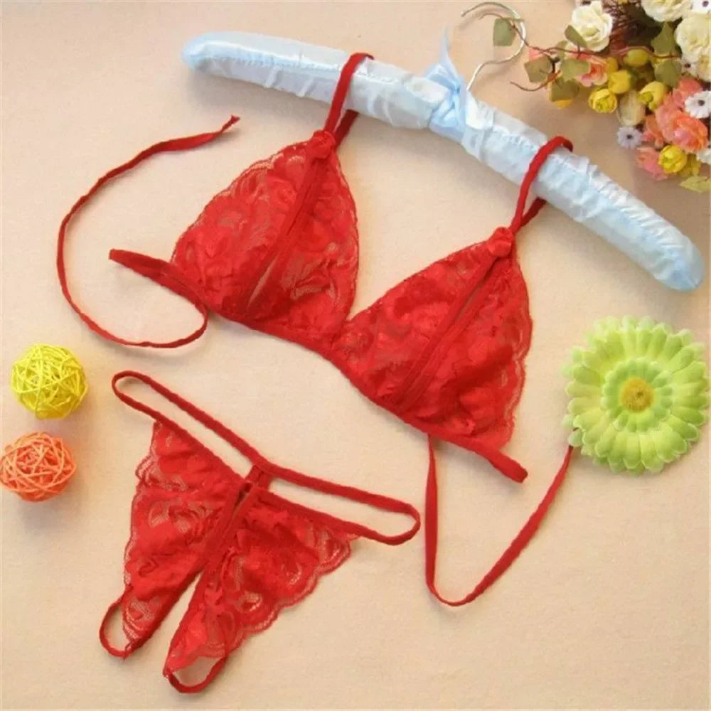 Lace Up Bra and Open Crotch G-String Set for Women
