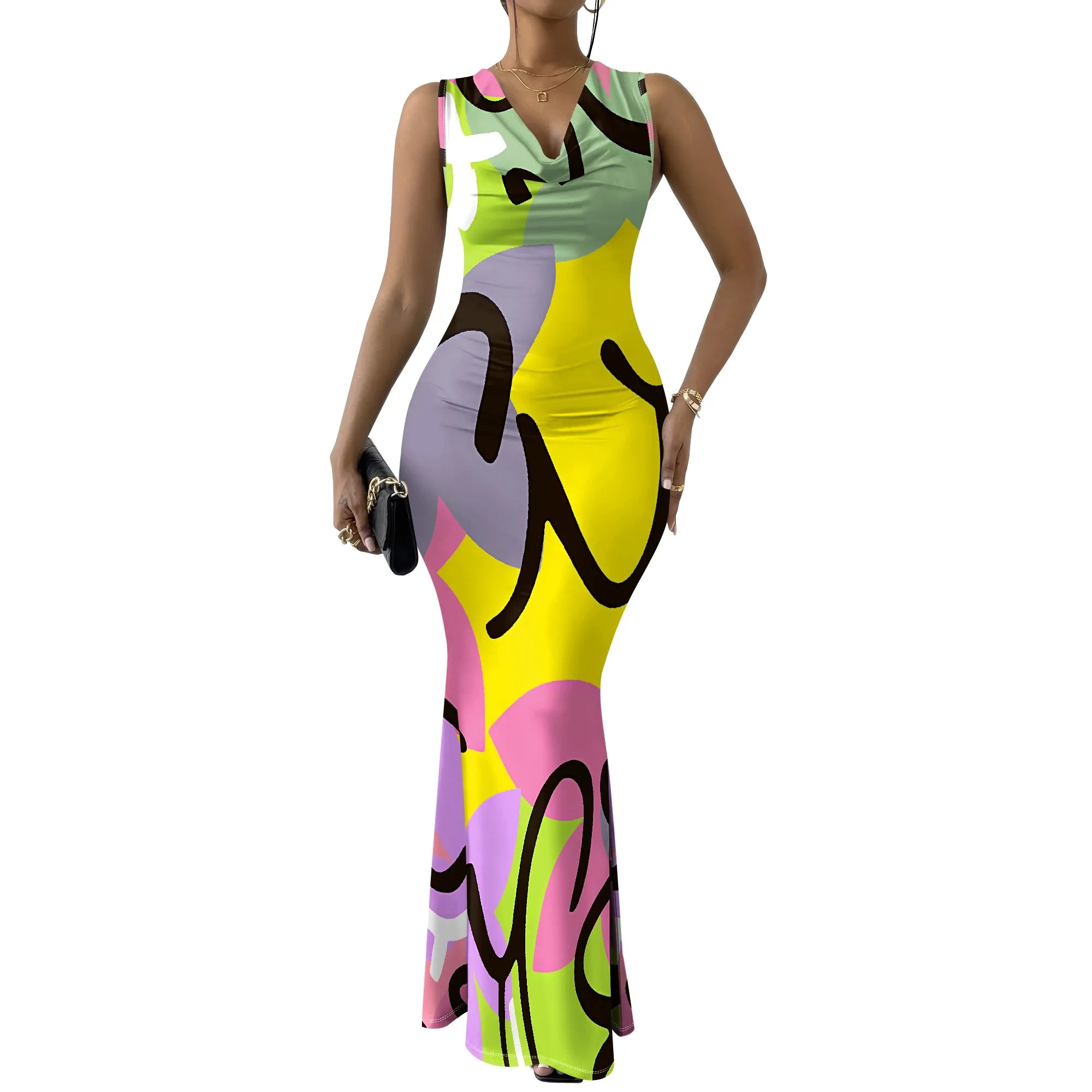 Colorful Geometric Off-Shoulder Maxi Dress for Women