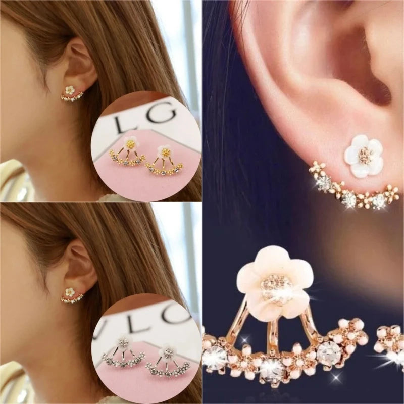 Trendy Women's Flower Stud Earrings in Metal with Zircon