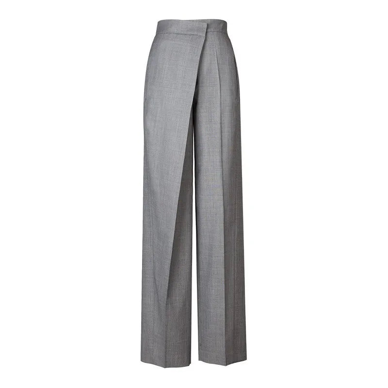 Gray High-Waisted Straight-Leg Wool Pants for Women