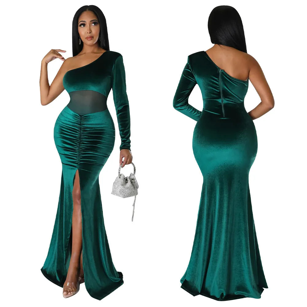 Floor-Length Evening Dress with Diagonal Collar by STEFION