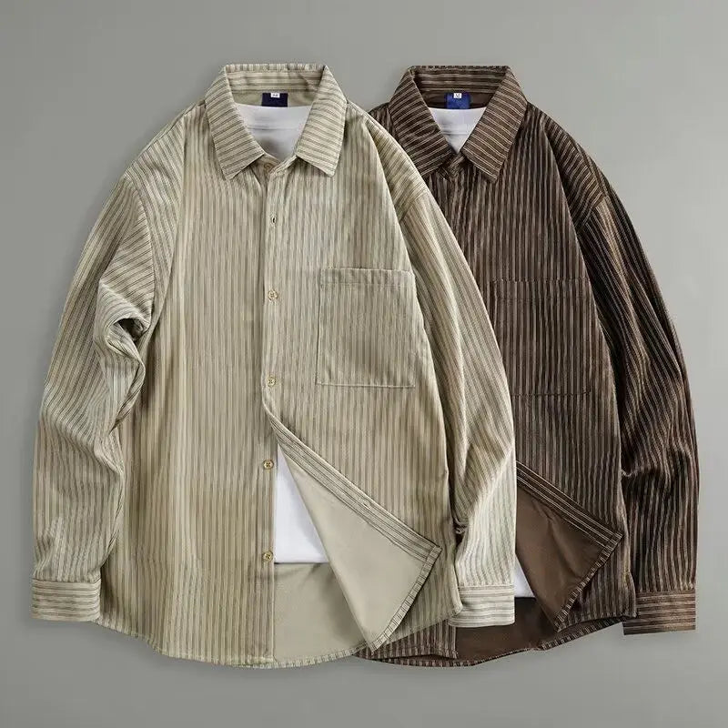 Retro Japanese Style Casual Loose Fit Corduroy Color Block Striped Long Sleeve Men's Shirt Autumn New Arrival Fashion Top