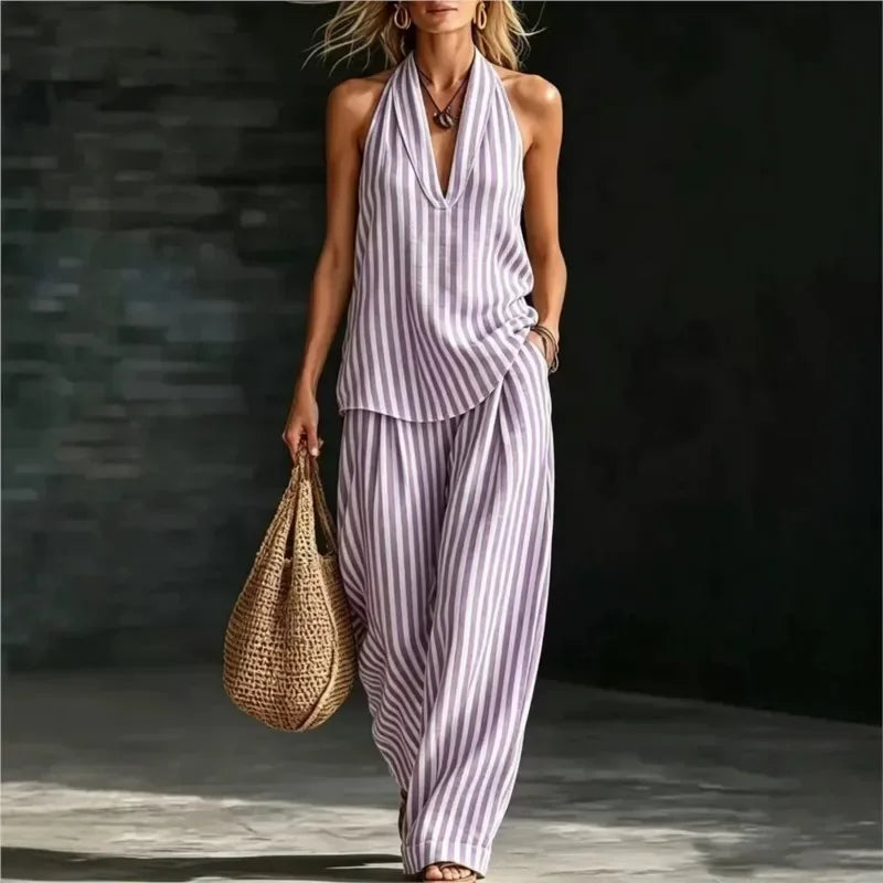 Chic Striped Wide-Leg Pants and Halter Top Set for Women
