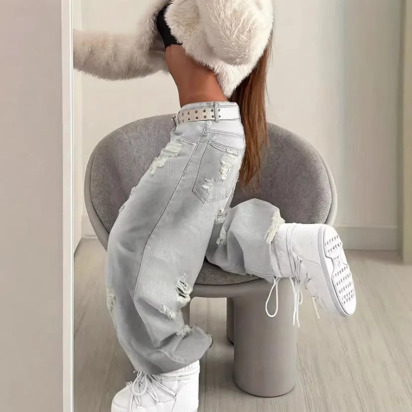 High Street Ripped Straight Wide-Leg Jeans for Women