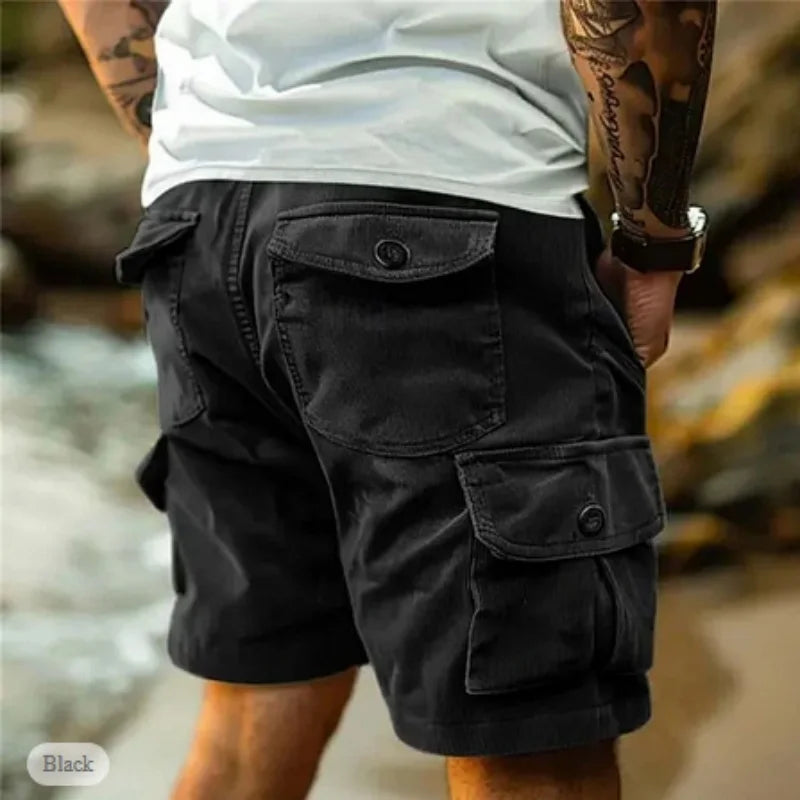Men's Workwear Shorts Summer Casual Corduroy Loose Elastic Waist Multi-Pocket Leisure Pants Embroidery Retro Style Male Trousers