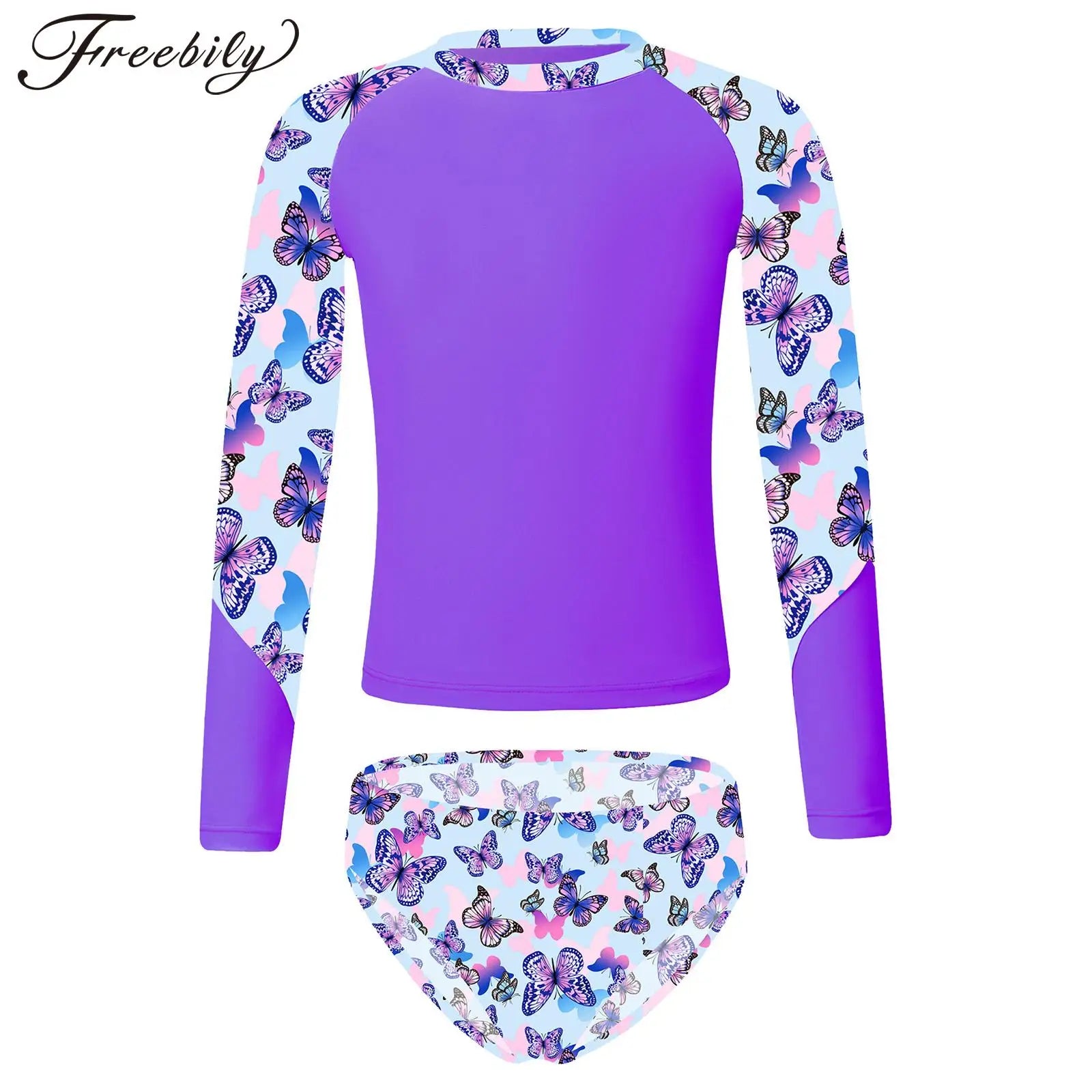 Kids Girls Long Sleeve Print Swimwear with Briefs for Beach