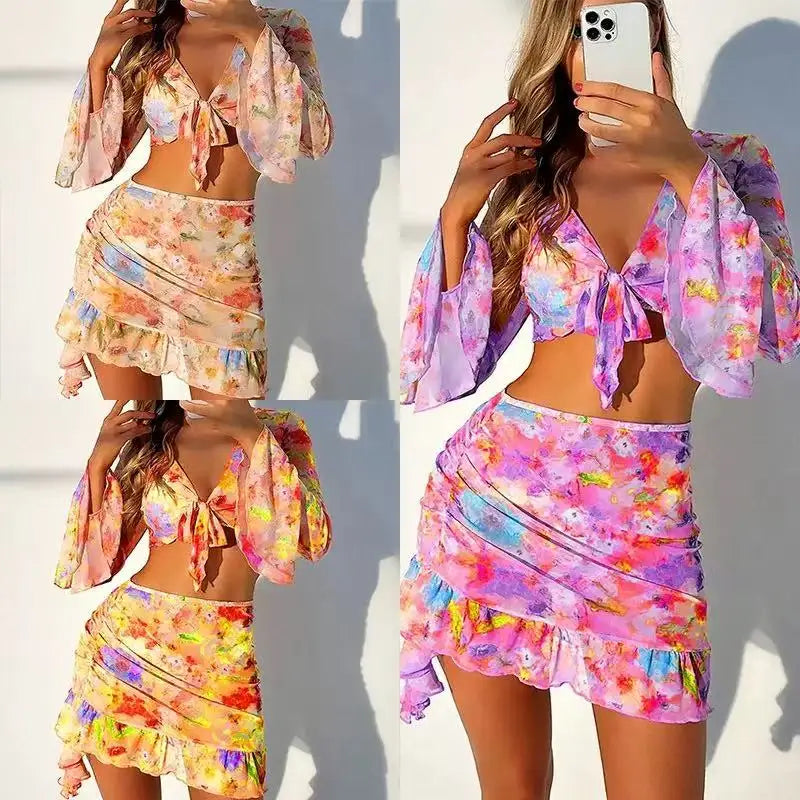 Floral Print Long Sleeve Swimsuit Set for Women